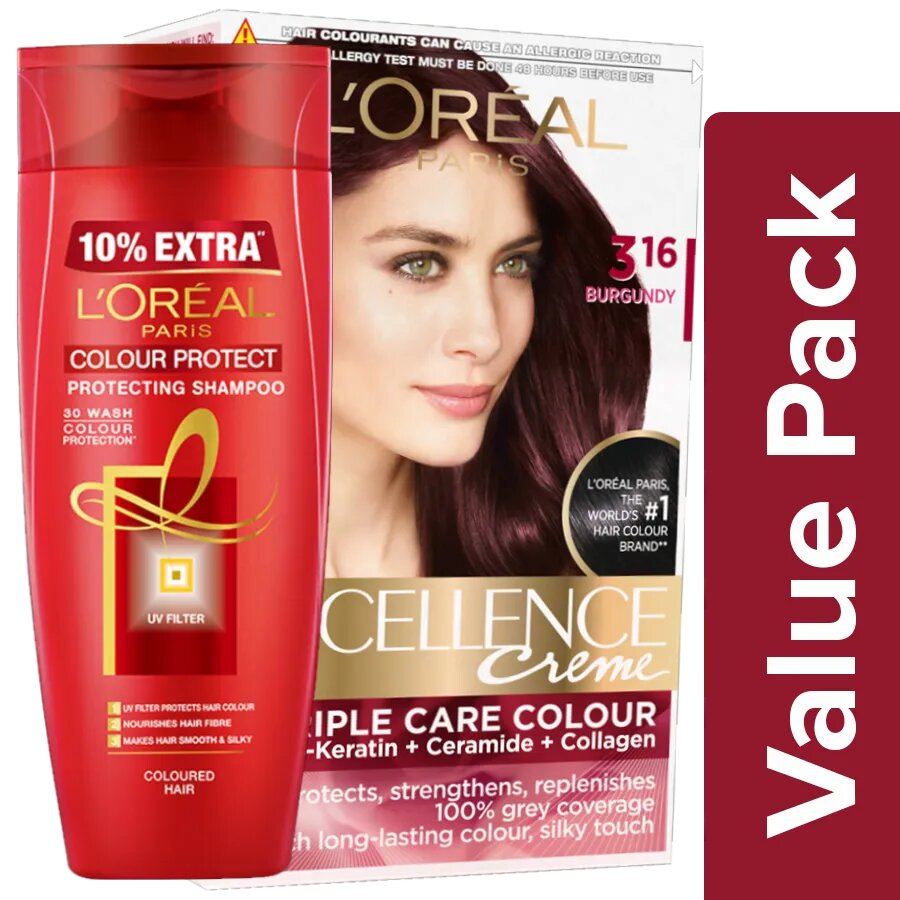 Loreal Paris Excellence Creme Hair Colour  Burgundy 72ml+100g+Color  Protect Shampoo 175ml, Combo 2 Items - Get lifetime assistance with your  one time purchase of dishwashers and washing machine. Shop now from